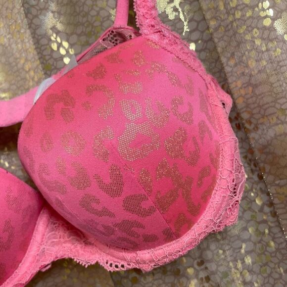 Vintage Y2K PINK Victorias Secret Hot Pink Metallic Cheetah Flirt Push Up Bra 34 - Picture 3 of 9